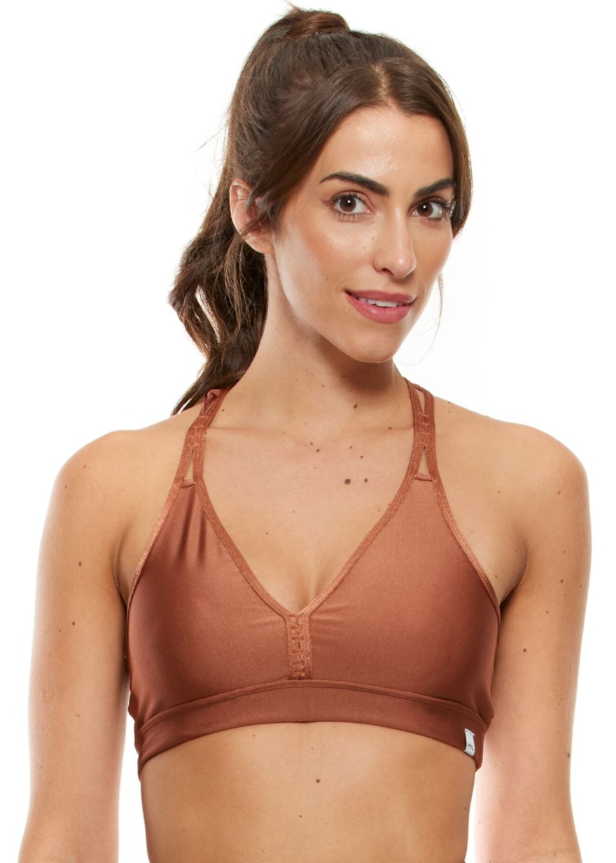 TOP DECOTE V BORDADO TRILOBAL MARROM BRONZE