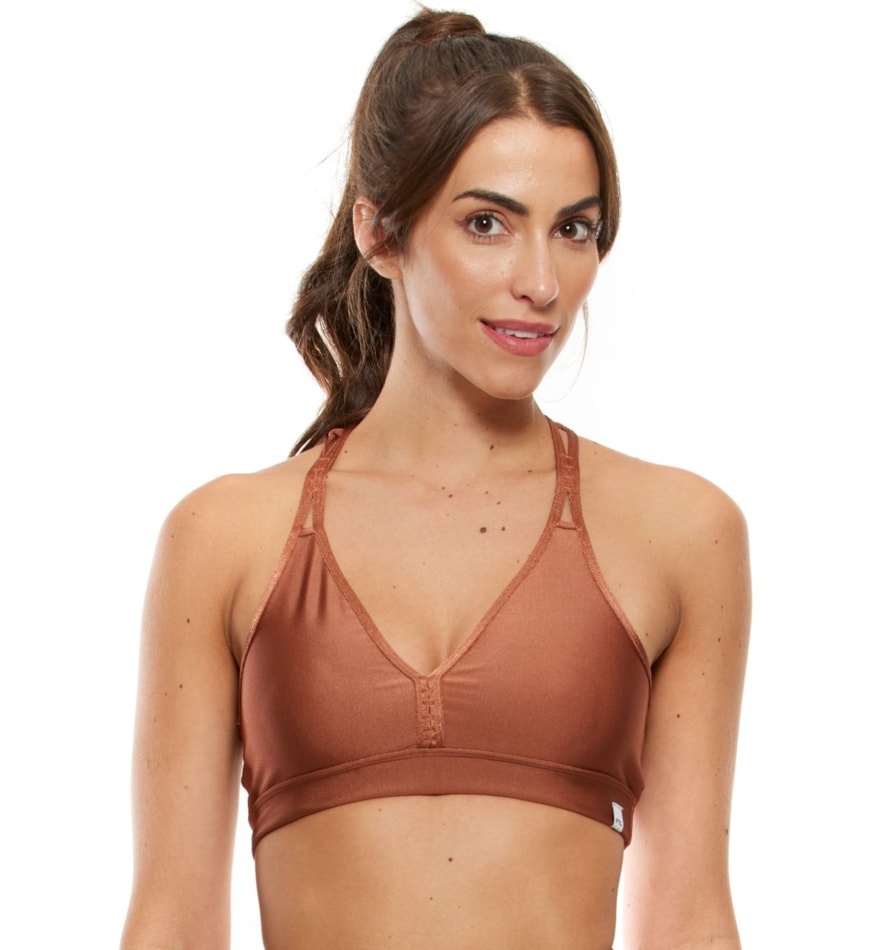 TOP DECOTE V BORDADO TRILOBAL MARROM BRONZE TOP DECOTE V BORDADO TRILOBAL MARROM BRONZE